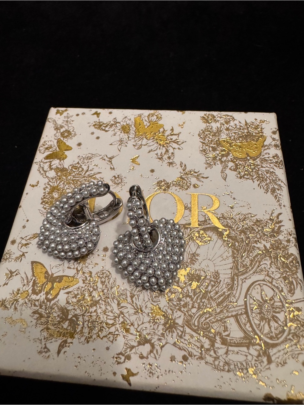 Dior Silver Pearl Cluster Heart Hoop Earrings